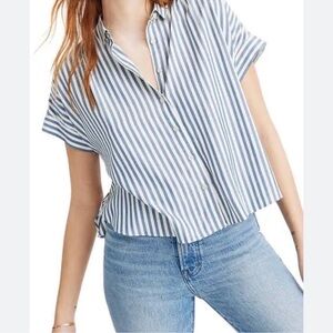 Madewell Hilltop Shirt - Blue & White Striped Short Sleeve Collared Button Down